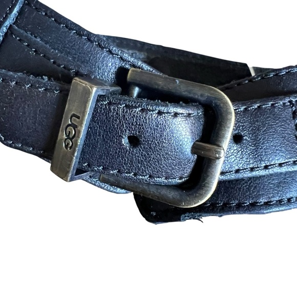 UGG Char Women’s Black Leather Wedge Sandal Wood Zip-up Back Sz 8 Ankle Strap - Picture 9 of 11